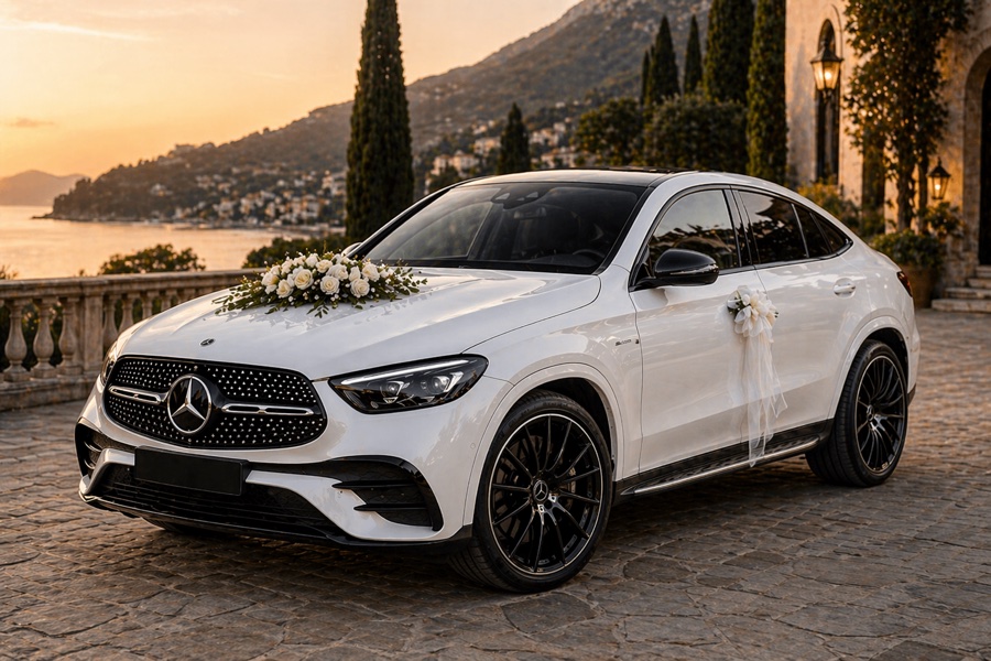 Voiture blanche décorée de fleurs et rubans de mariage