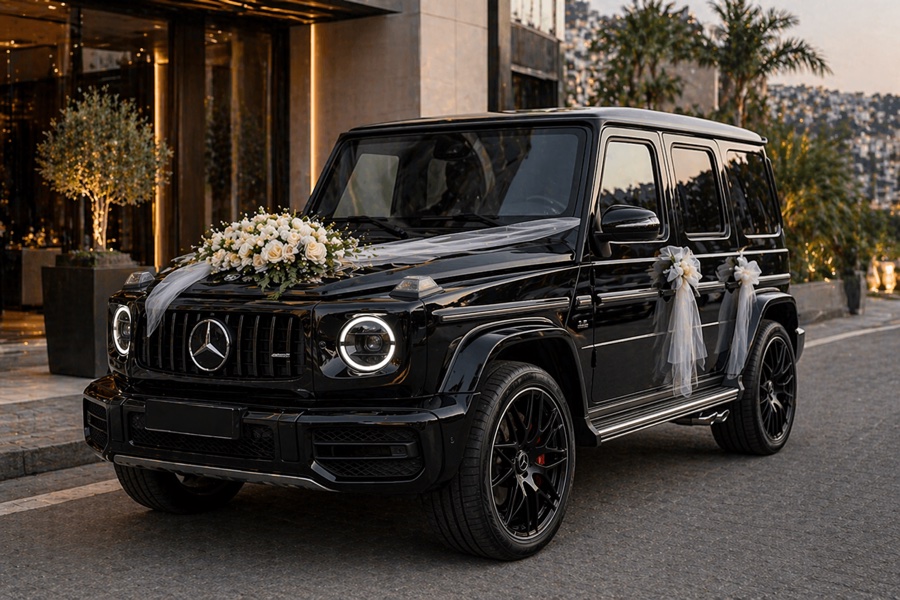 SUV noir décoré pour une sortie de mariage remarquée
