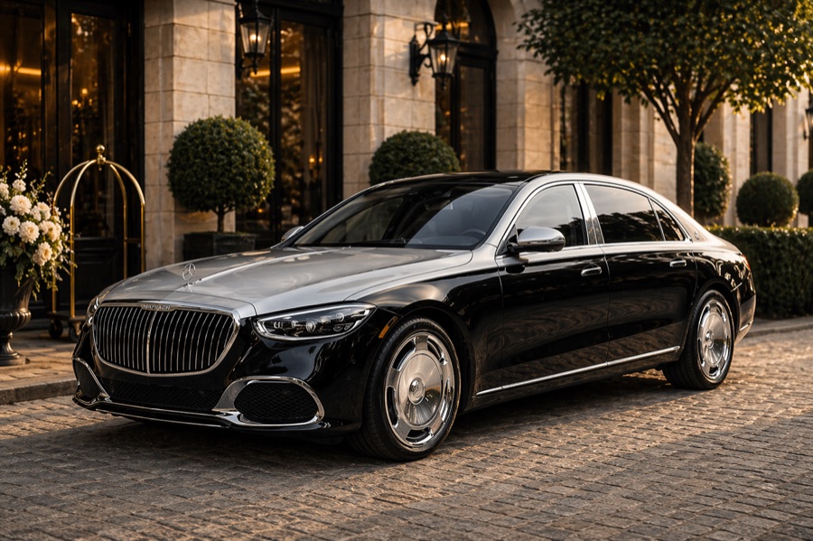 Cortège luxe noir — berline noire devant un hôtel